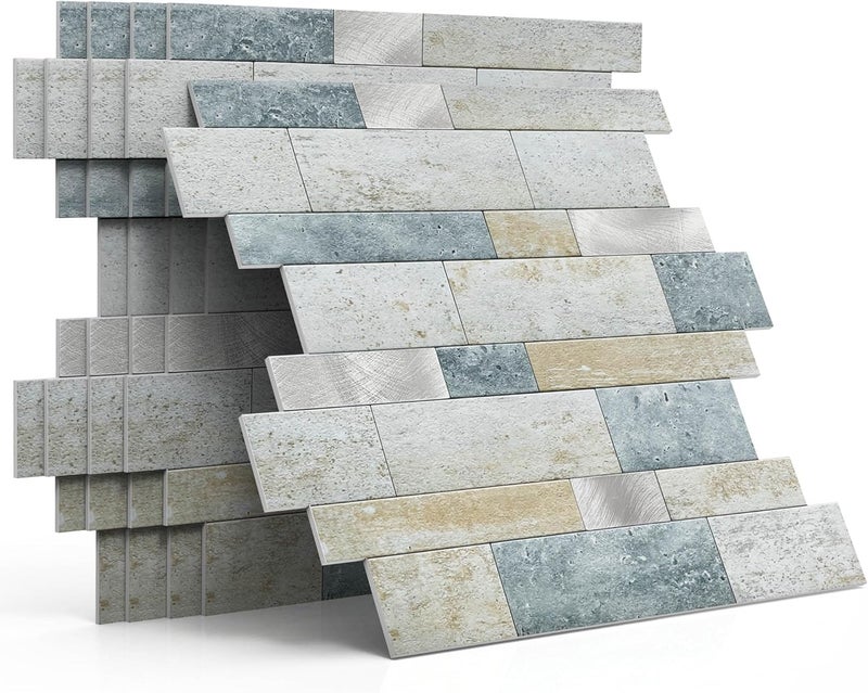 M MOFIT MOFIT Backsplash Tile for Kitchen Peel and Stick Stone Matte Finish,Bathroom Tiles Stickers 3D Wall Panel Linear Mosaic Marble Backsplash Waterproof(5sheets,Blue Green Gray) - Image 1